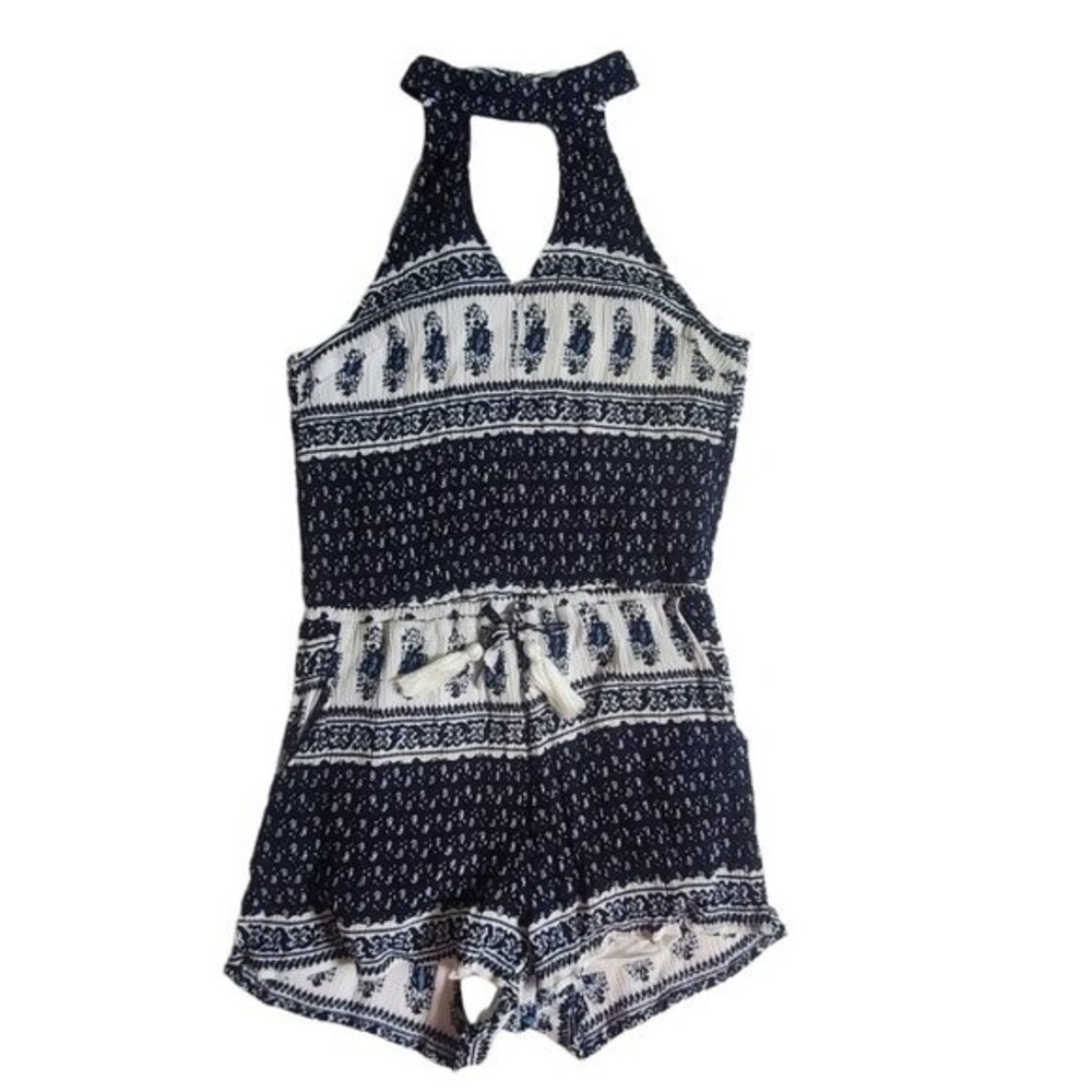 Very J Blue and White Sleeveless High Neck Shorts Romper Size S